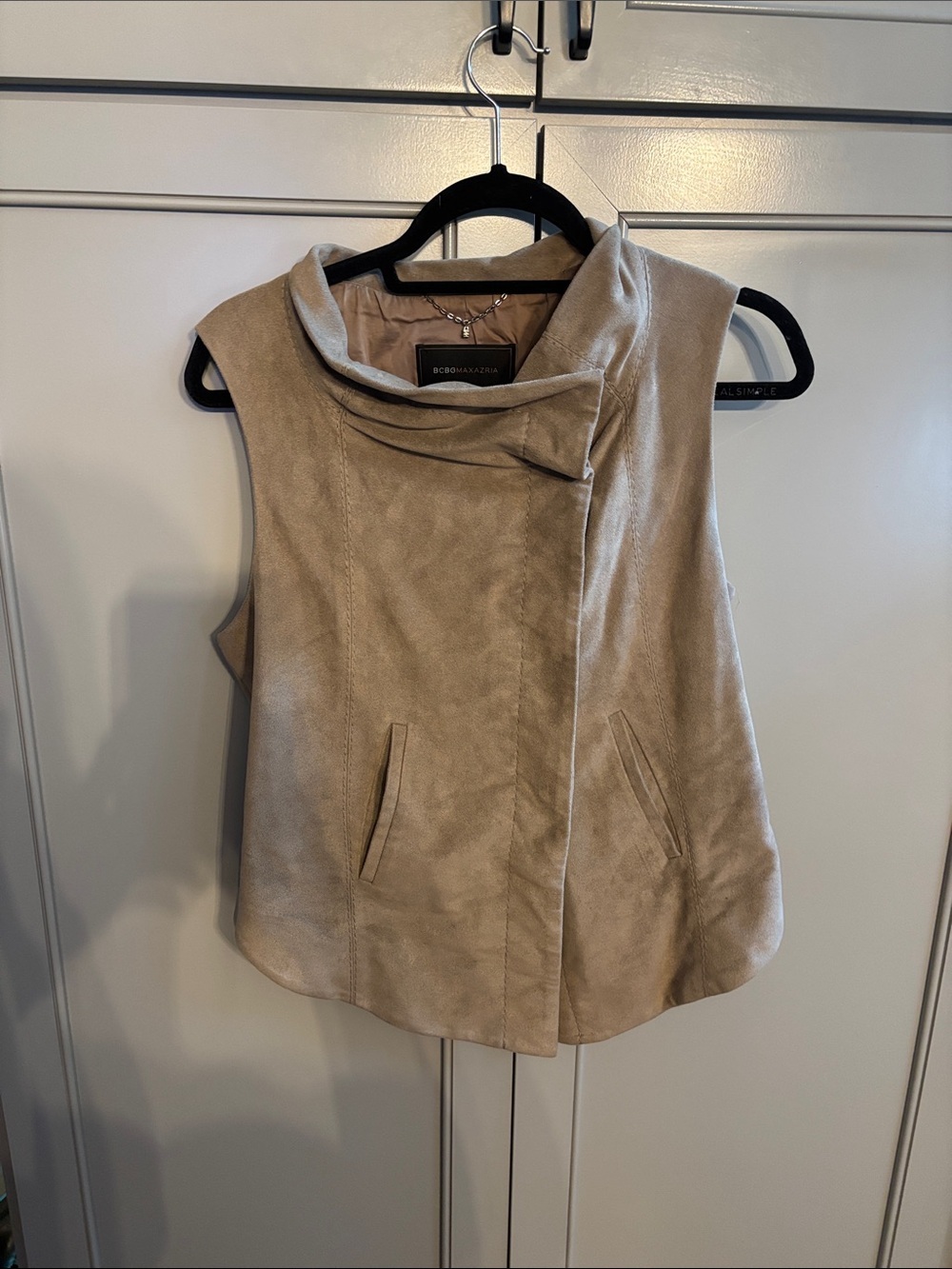 BCBGMaxAzria Taupe Draped Collar Sleeveless faux suade Vest M